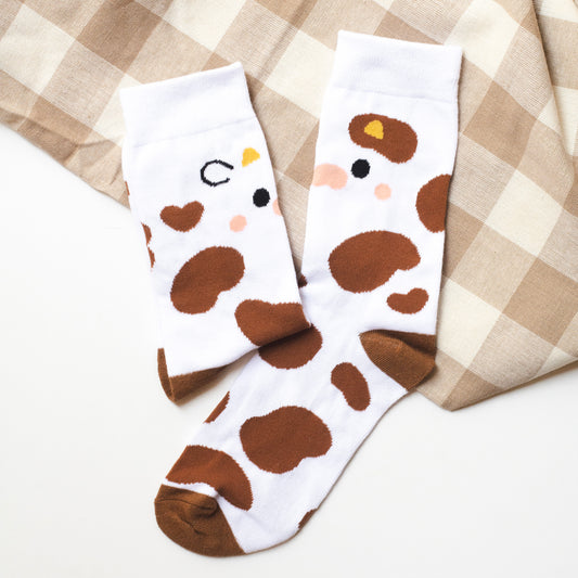 Cutie Cow Face - Brown and White - Socks
