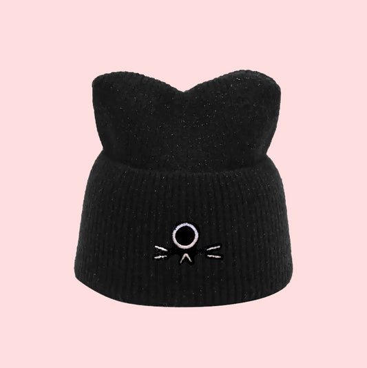 Yokai Neko Face - Beanie with Cat Ears - Black